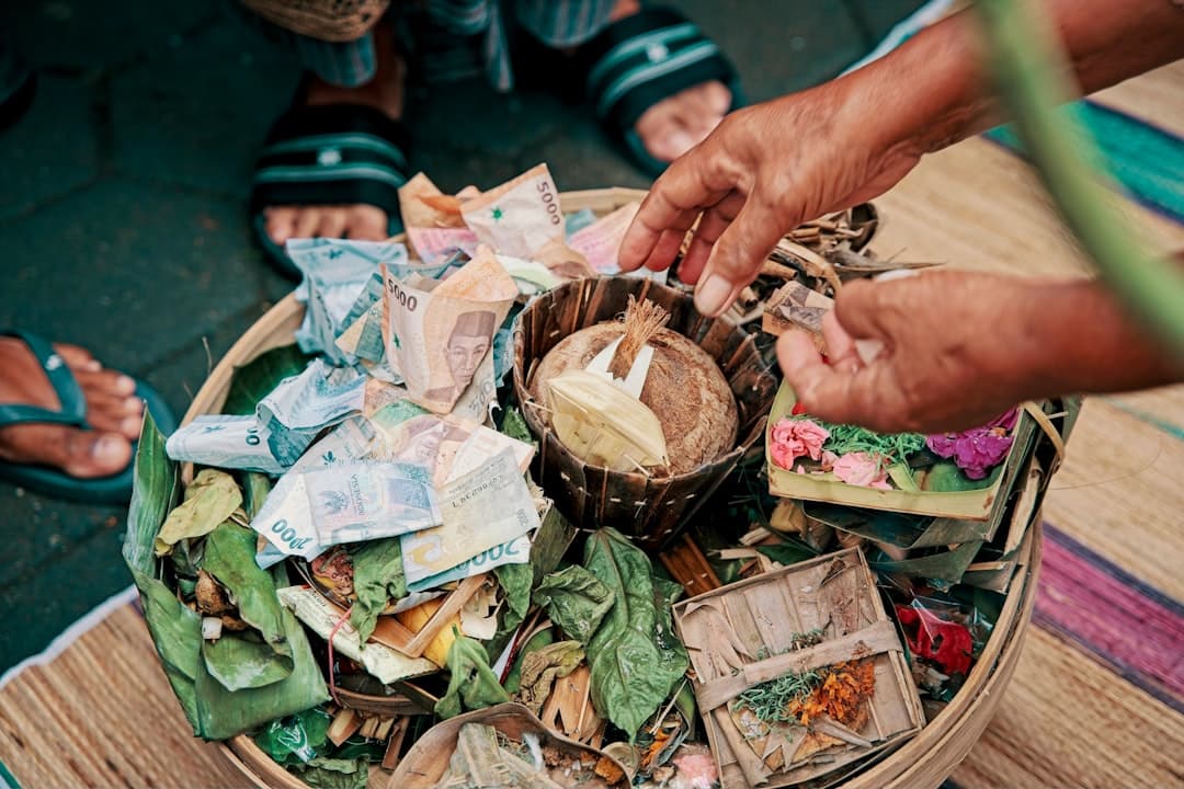 Bali temple ceremony with traditional offerings